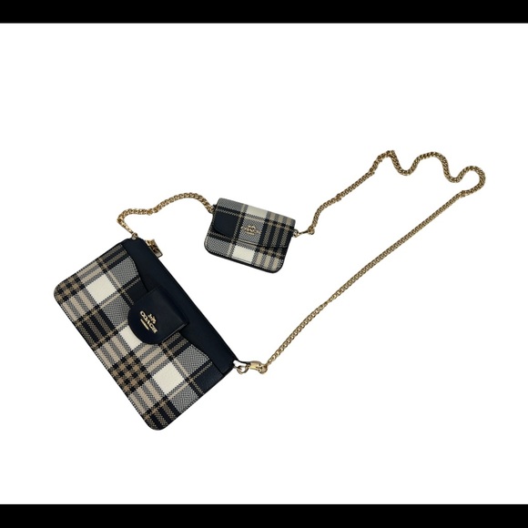 Coach Womens Crossbody Bag With Pouch Coin Bag Chain Strap Poppy Plaid Leather - Picture 8 of 15